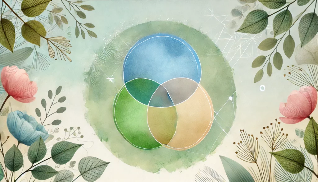 A serene watercolor-style illustration featuring a Venn diagram that represents intersectionality. The diagram consists of overlapping circles in soft pastel tones, symbolizing identities such as race, gender, and disability. The intersections are shaded to highlight the interconnectedness of these identities. The background features a calming gradient with subtle botanical elements along the edges, conveying themes of diversity, equity, inclusion, and harmony. The composition is minimalistic and professional, set in a wide 16:9 aspect ratio.